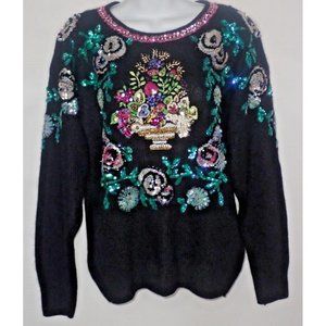 Vintage Working in Progress 80’s Silk Sequin Sweater Women S Floral Ornate‎